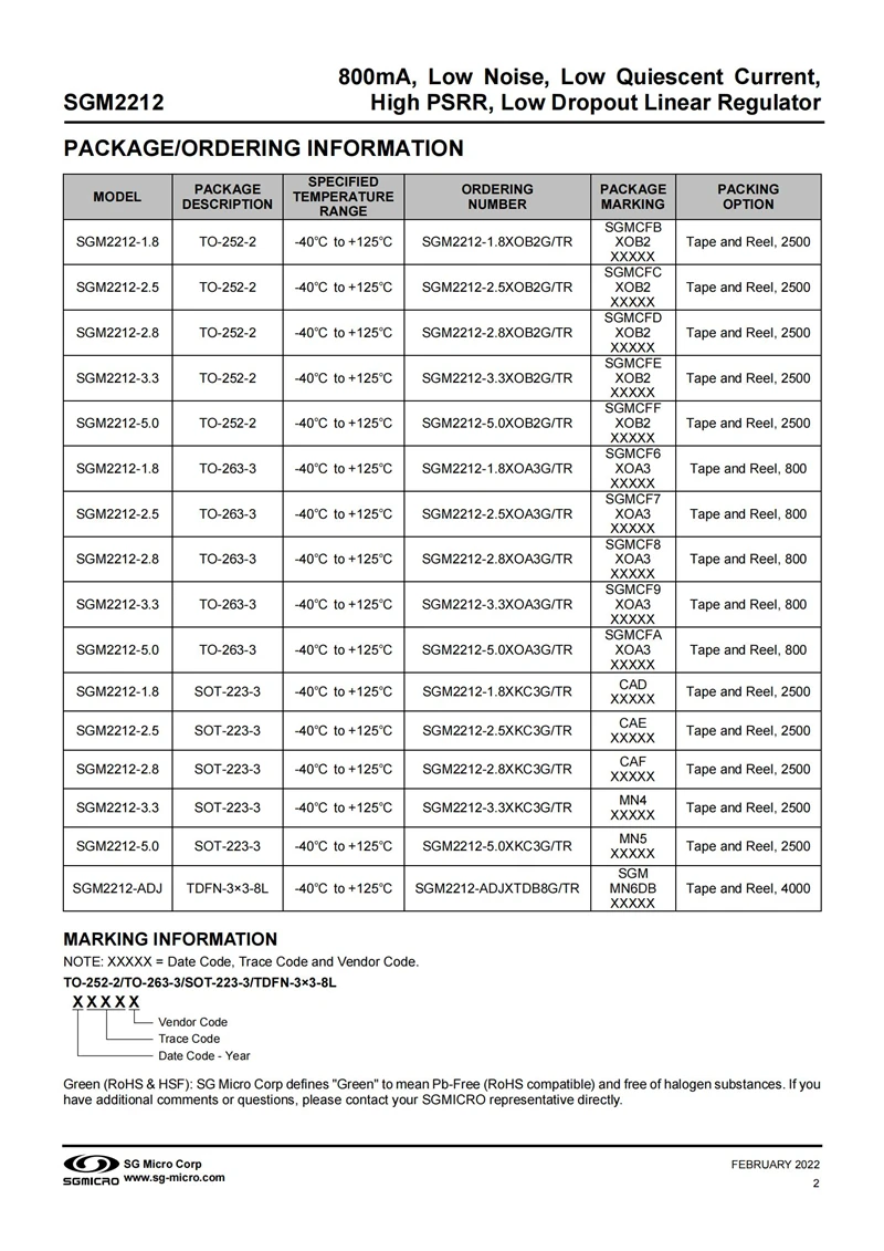 SGM2212-3.3XOA3G/TR TO-263-3 Fixed output：3.3V, 800mA, Low Noise, Low Quiescent Current, HighPSRR, Low Dropout Linear Regulator