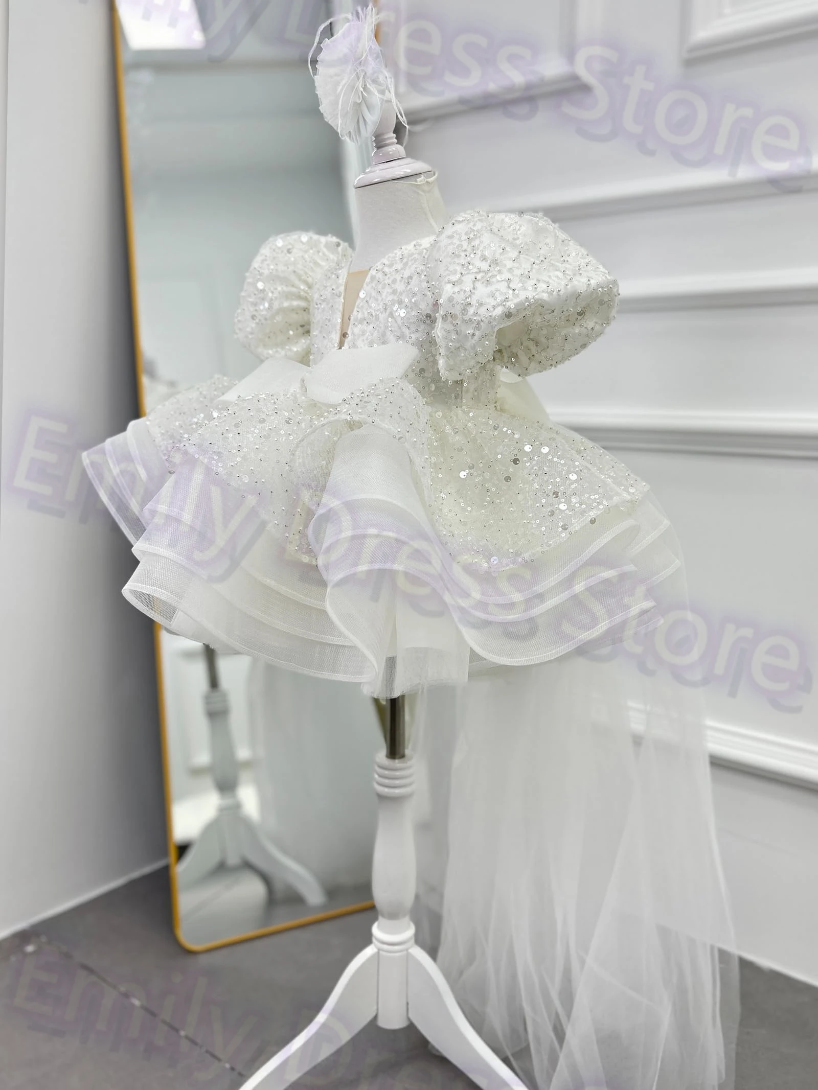 Abito da ragazza di fiore rosa personalizzato per paillettes da sposa gonfio brillante con fiocco Abiti da prima comunione per feste di compleanno per bambini