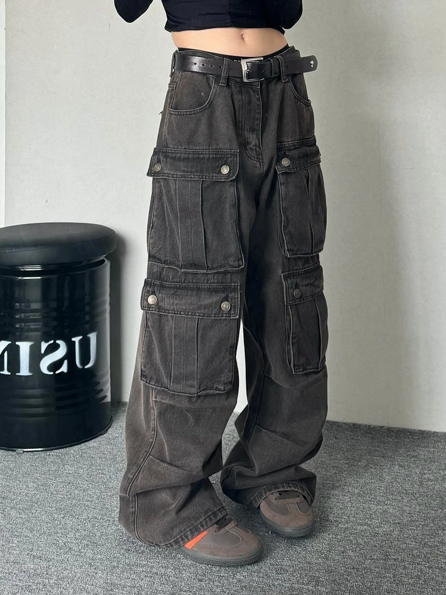 

Women Grey Cargo Pants Vintage Y2k Harajuku 90s Streetwear Aesthetic Baggy Emo Pants Oversize High Waist Trousers 2000s Clothes