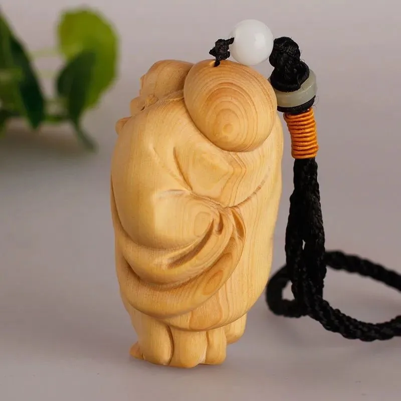 Boxwood Yabai Carving Smiling Buddha Statue Handheld Double Wood Sculpture