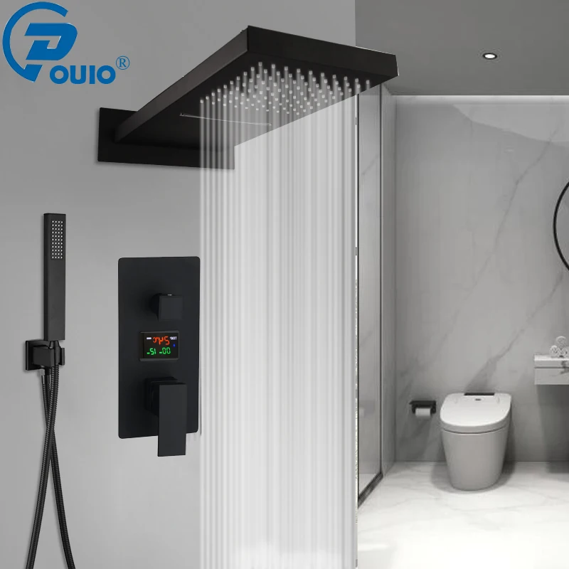 

OUIO Матовая черная душевая панель с цифровым дисплеем, светодиодная насадка для душа с дождевой насадкой, экономящая температура и ручным распылителем, Wall-M