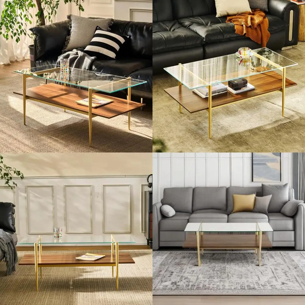 

Clear Glass Double Layer Coffee Table with Coffee Brown Base for Living Room