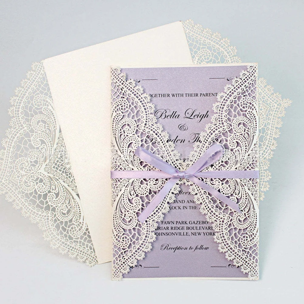 50 pieces Lace Flower Muslim Wedding Invitation Card, Customize Print White Gold Birthday Bridal Shower Invitations IC141