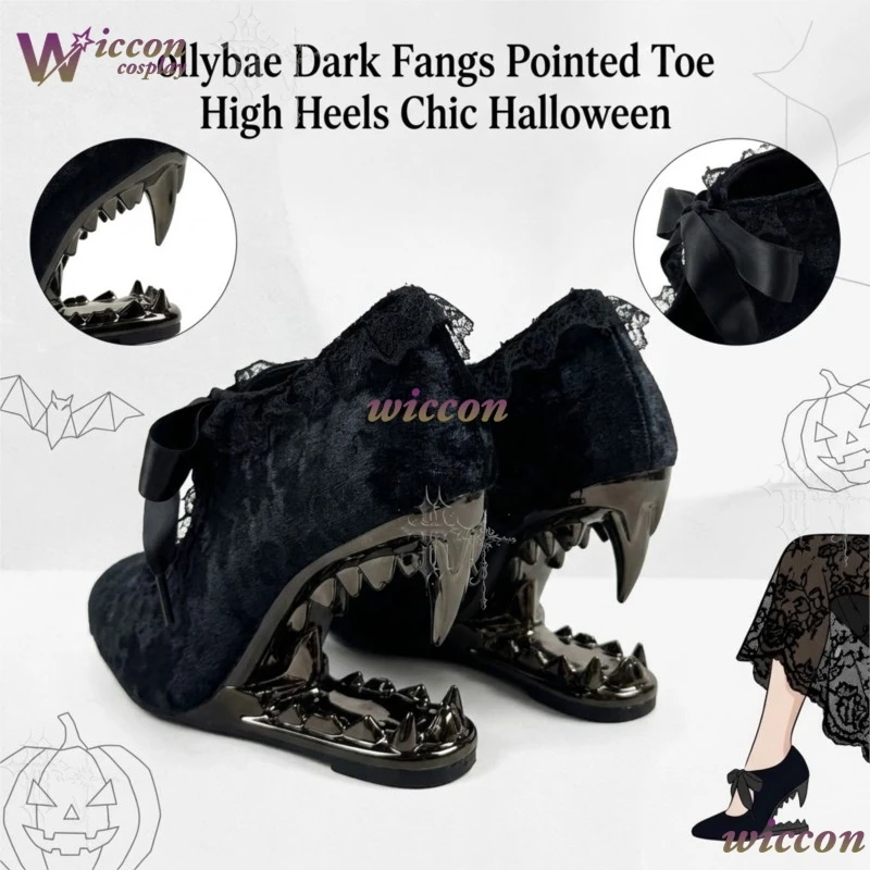 WonkaCos Ollybae Dark Fangs Pointed Toe High Heels Chic Niche Edgy Hot Design Women Shoes For Daily Wear Alt Pumps Halloween
