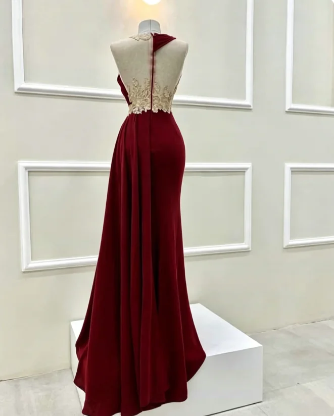 Long Burgundy Mermaid Formal Evening Dress Round Neck Sleeveless Lace Embroidered Sheer Party Gown Prom Dresses 2026 Customized