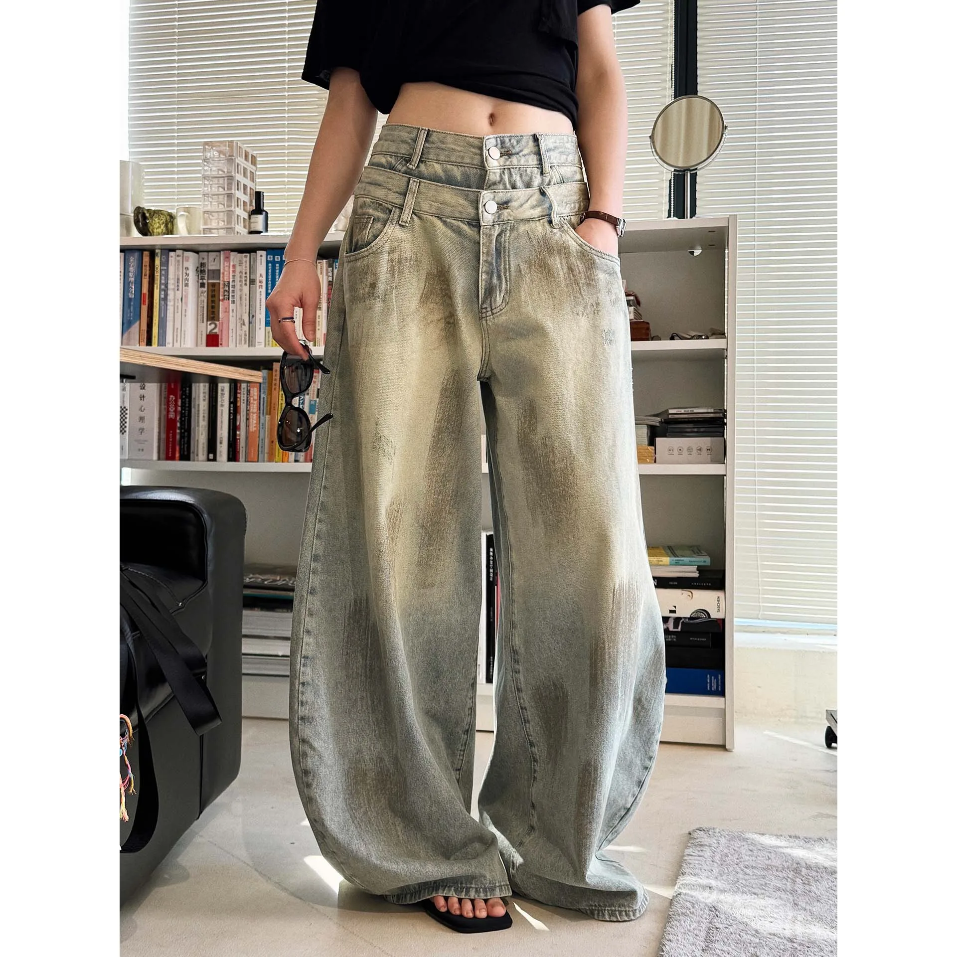 FANAN 2026 Summer New Women American Style Waste Land Double-Waist Designs Distressed Washed Denim Casual Wide Leg Pants