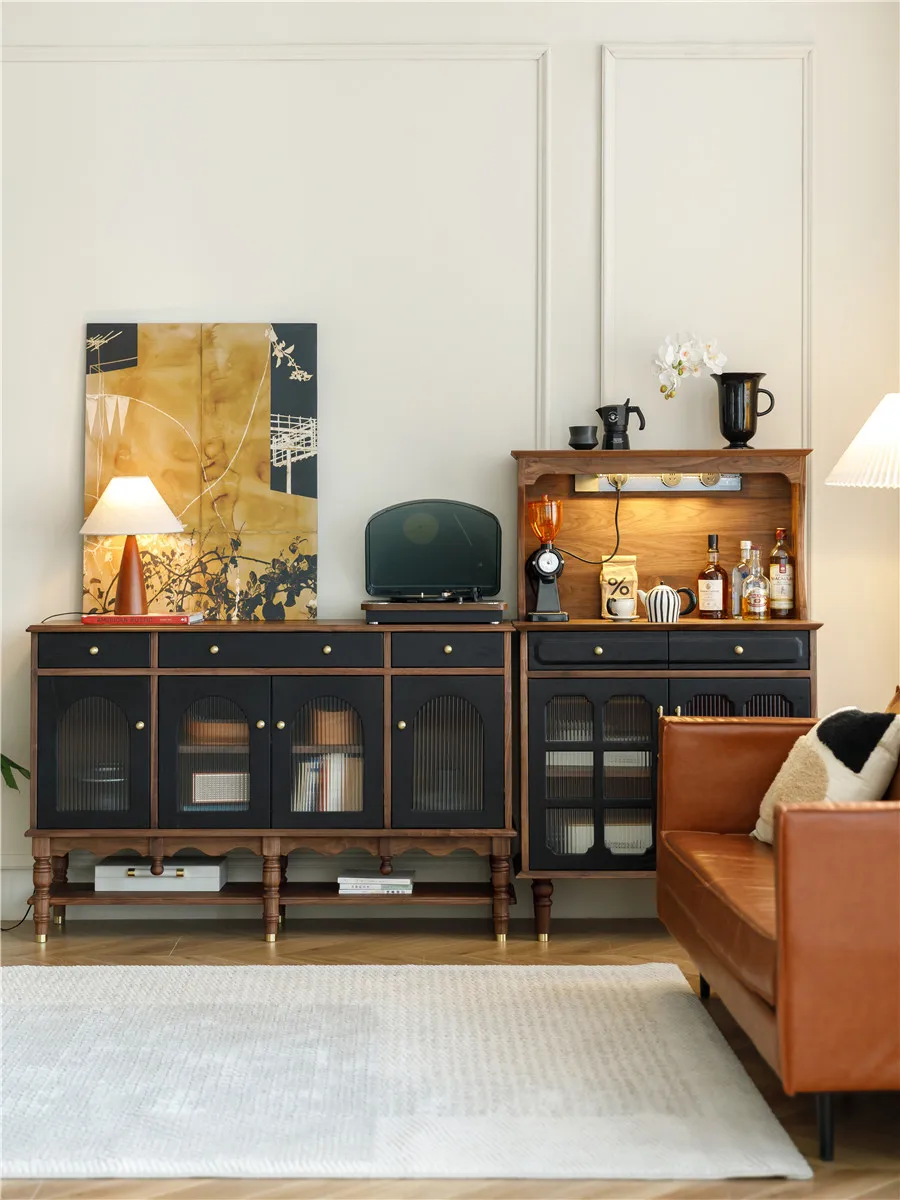 

North America Black Walnut Retro Sideboard Cabinet Integrated Bar Counter Black American Style Locker Mid-Ancient Style