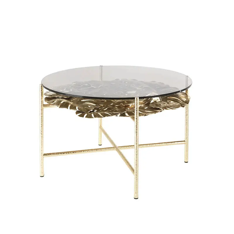 

Italian minimalist brass metal living room sofa side table light luxury round tempered glass coffee table