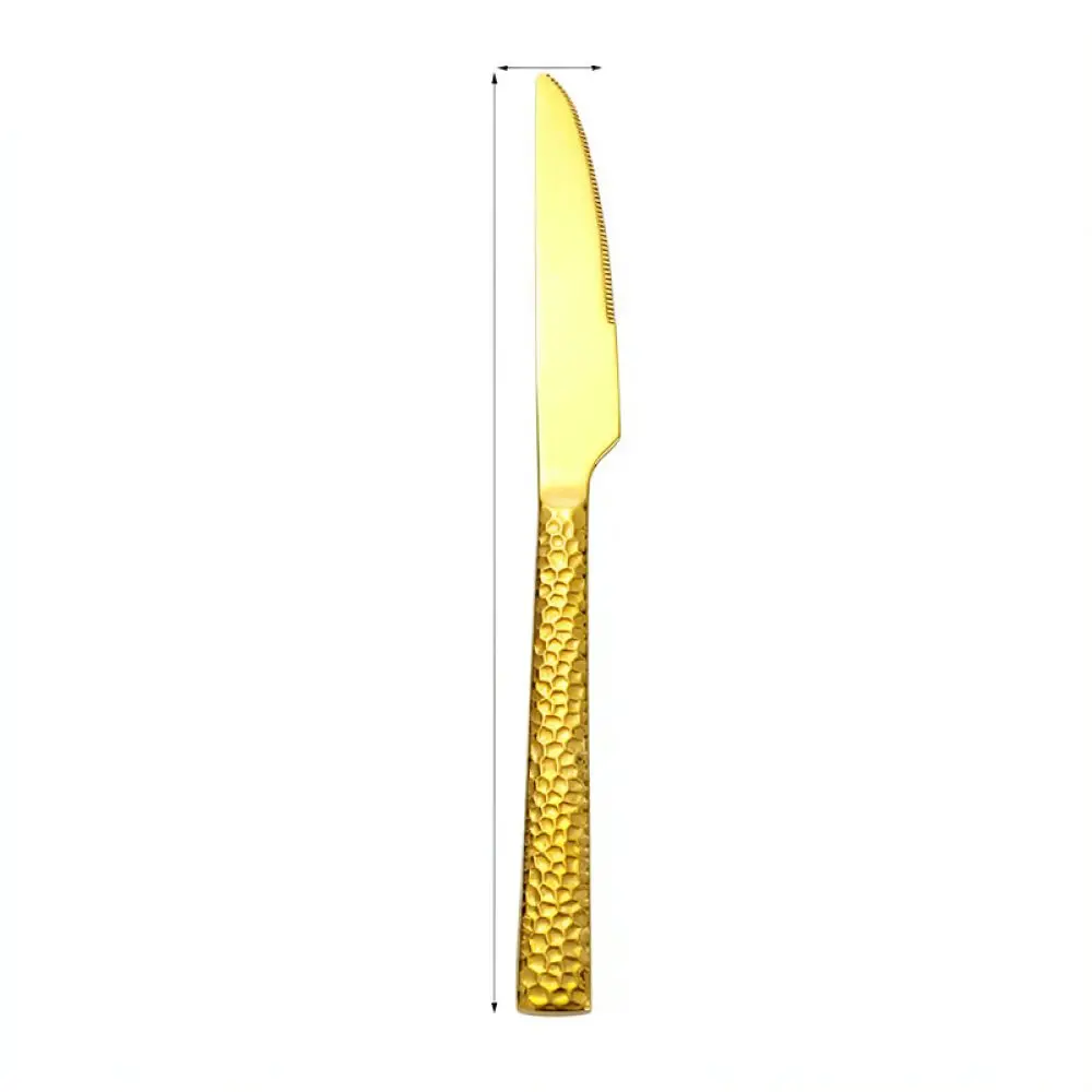 Contemporary Hammered Stainless Steel Cutlery Set Gold Plated Tableware Square Handle Flatware For Steak Pasta Dining