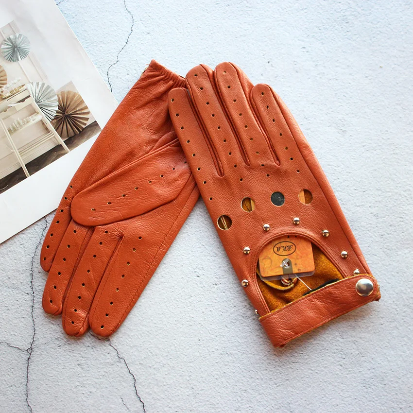 Women's Summer Leather Full Finger Gloves Unlined Thin Fashion Spring Autumn Motorcycle Riding Sheepskin Driving