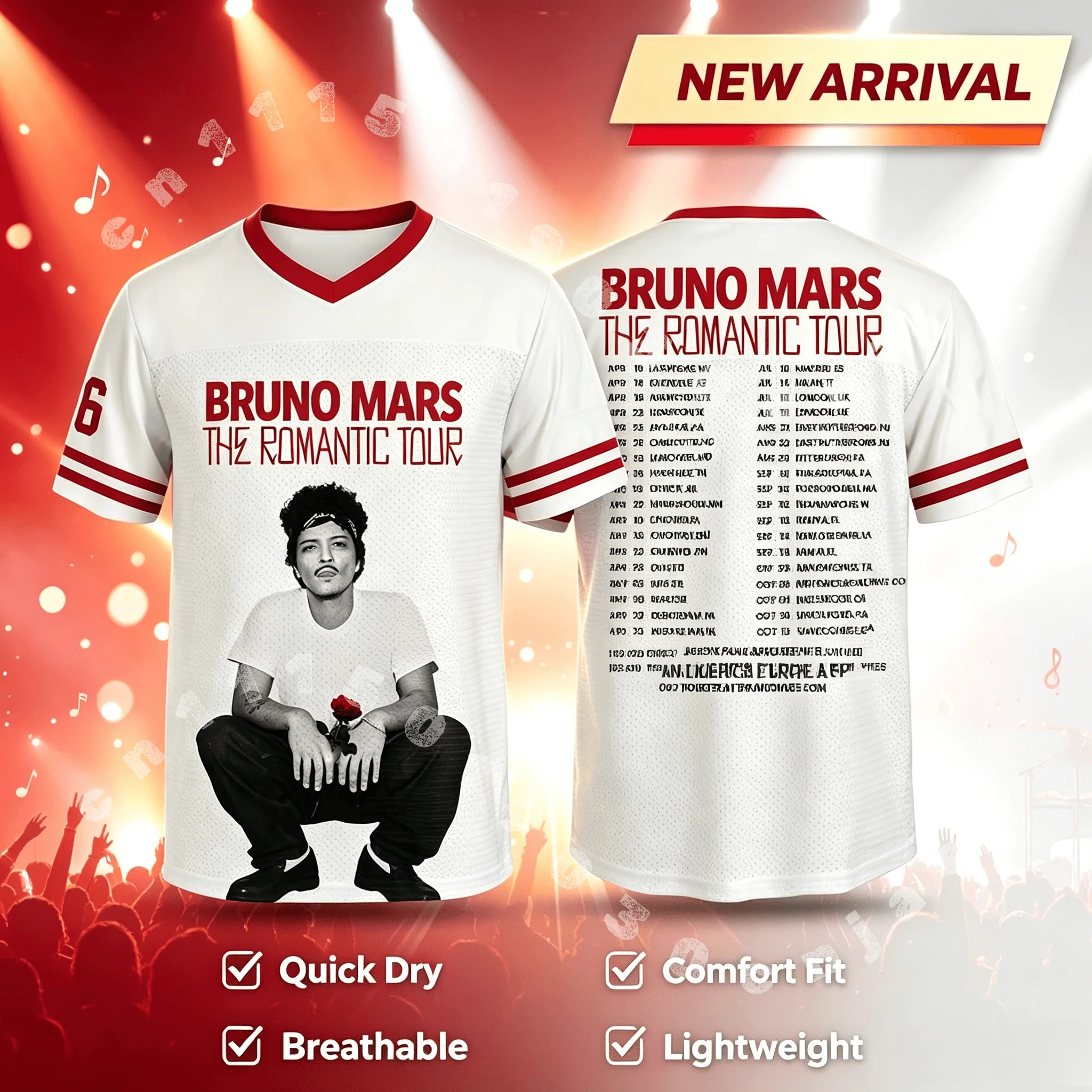 2026 Bruno Mars The Romantic Tour Football Jersey V Neck T-Shirt Retro Rose Portrait Print Unisex Tops Fans Top for Adults Kids