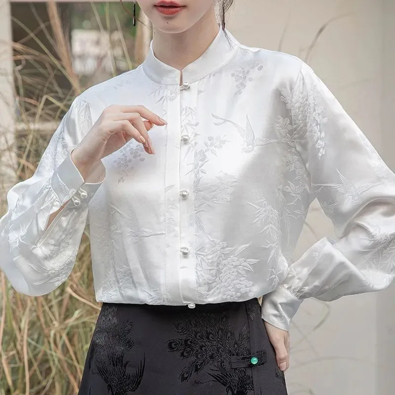 

Женская блузка в новом китайском стиле с жаккардовым узором, воротником-мандарином и длинными рукавами из сатина