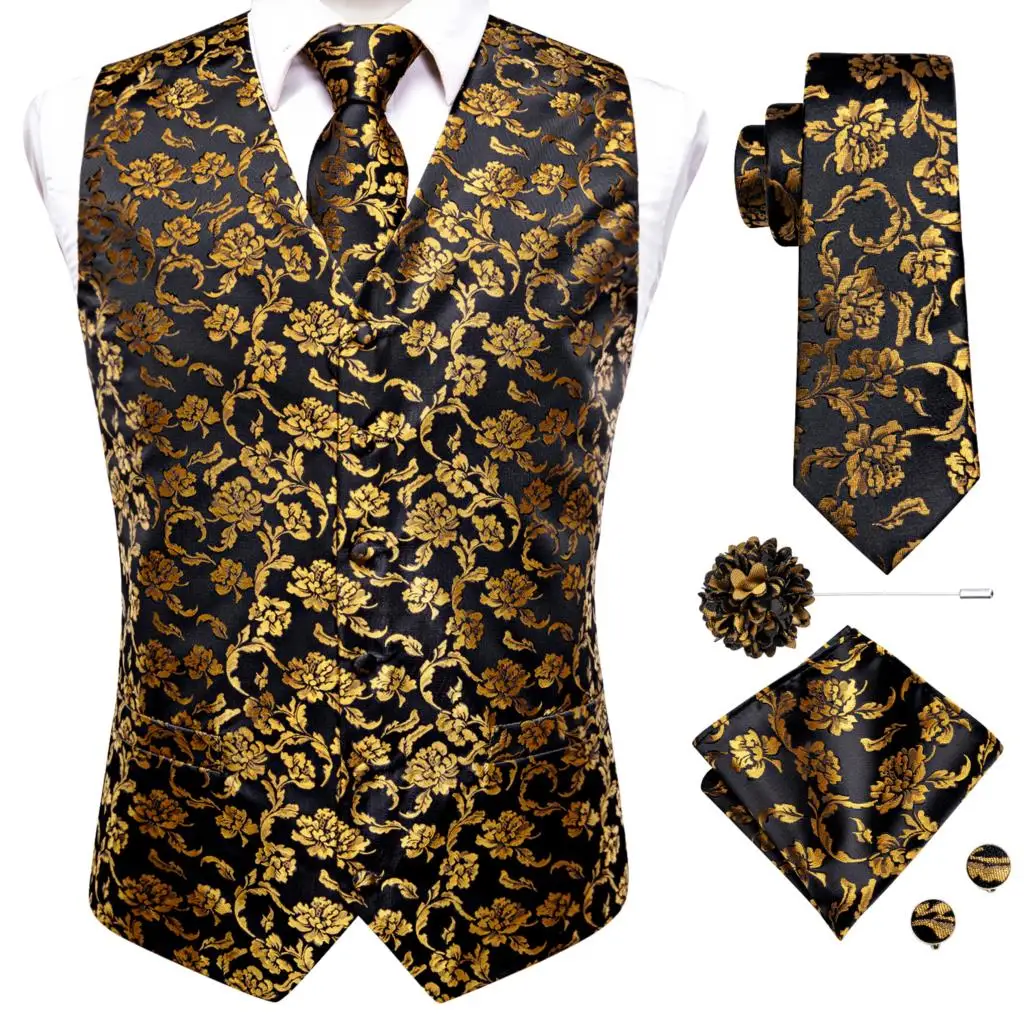 Hi-Tie Luxury Mens Vests Black Gold Floral Jacquard Waistcoat Tie Hanky Cufflinks Brooch Set for Men Suit Wedding Office XL