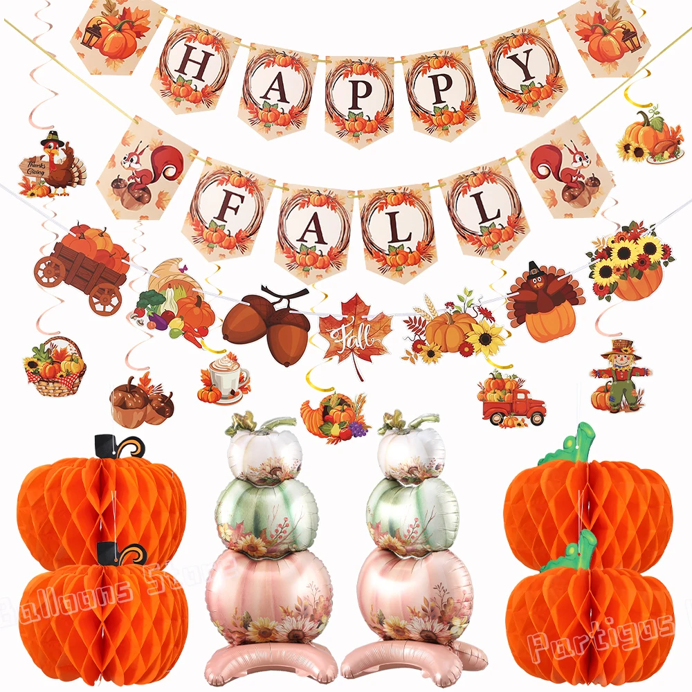 

Hello Autumn Thanksgiving Decoration Happy Fall Banner Maple Leaf Cake Toppers Pumpkin Honeycomb Wall Fireplace Hanging Ornament