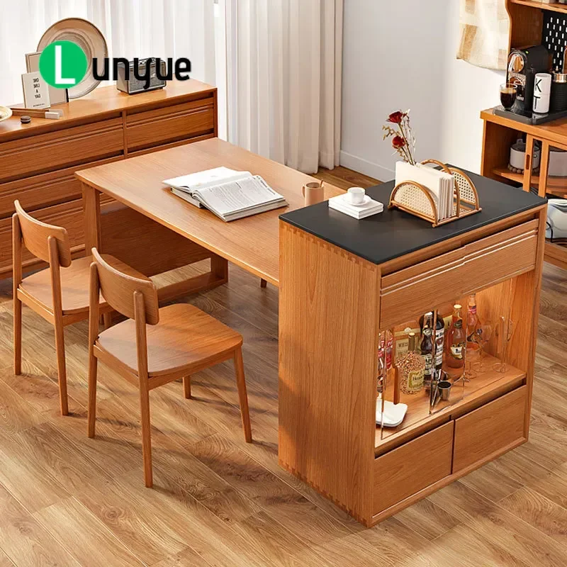 Nordic Solid Wood Cherry Dining Table with Japanese Slate Top Integrated Wall Side Cabinet Storage for Open Kitchen Mid