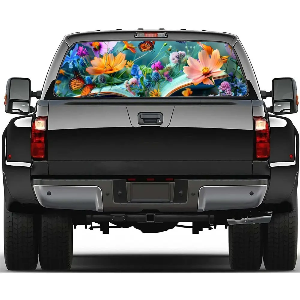 

Colorful Flowers Growth in Books Car Rear Windshield Stickers, Truck Window Perspective Perforated Rear - Window Vinyl Decals.