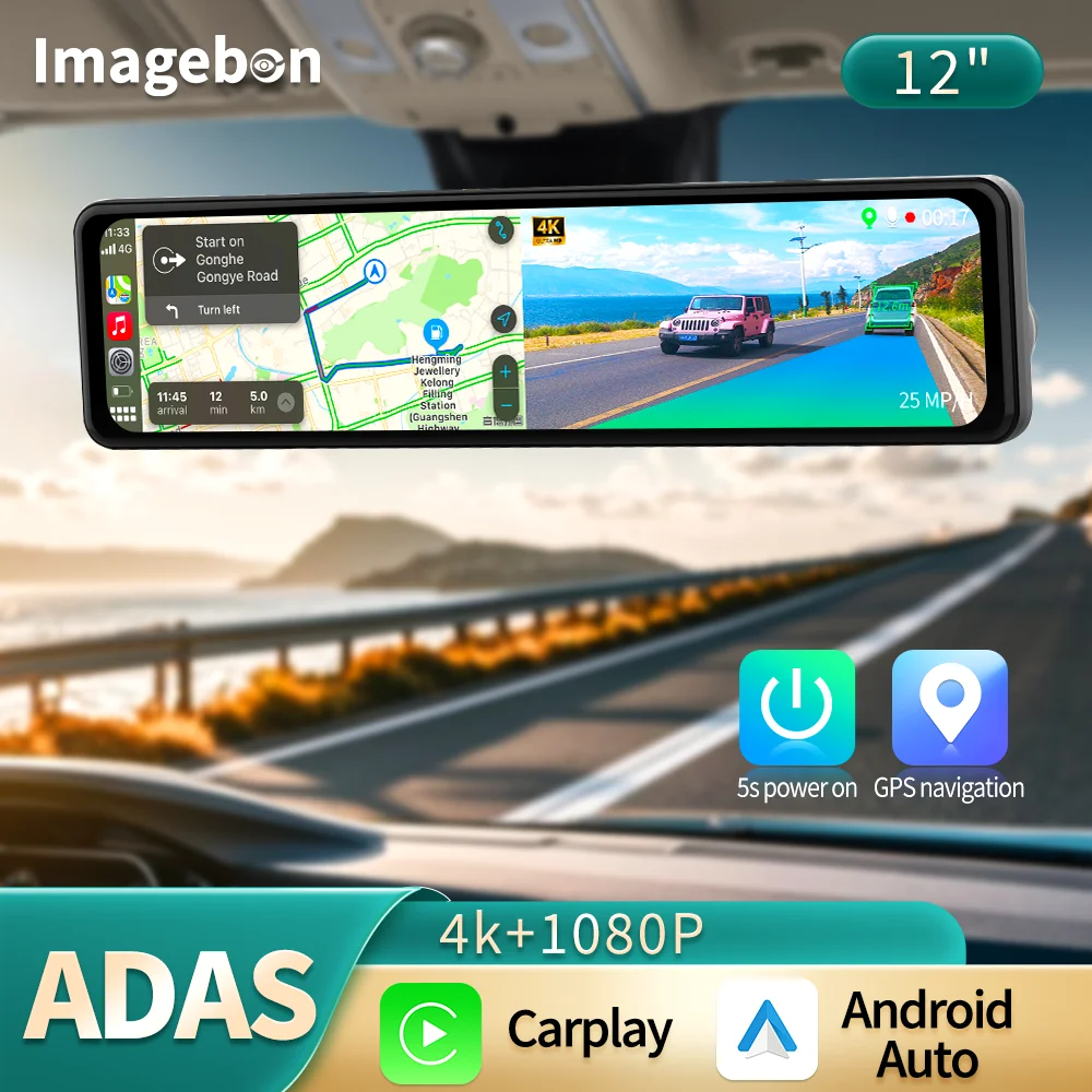 Imagebon 12 Inch Dashcam For Car 4K CarPlay Android Auto ADAS Rearview Mirror Camera 5G WiFi FM GPS Night Vision Video Recorder