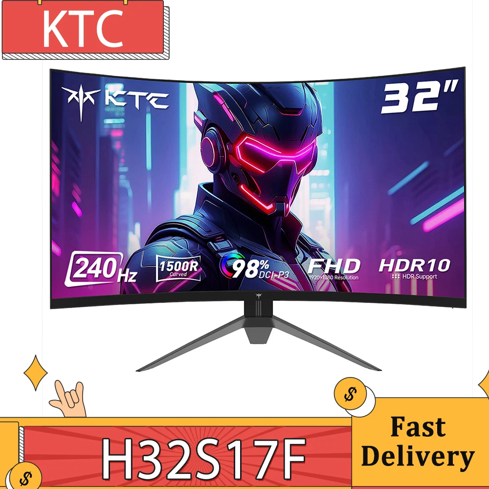 KTC H32S17F 32 inch Curved Gaming Monitor 1920*1080 HVA Panel 240Hz Refresh Rate 125% sRGB, 3500:1 Contrast Ratio, Adaptive Sync