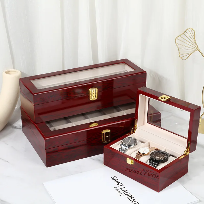 VANSIHO Classic China Dark Red Wooden Watch Boxes With Clock Watches Cases Wood Box For Jewelry With 1/2/3/5/6/10  Posistions