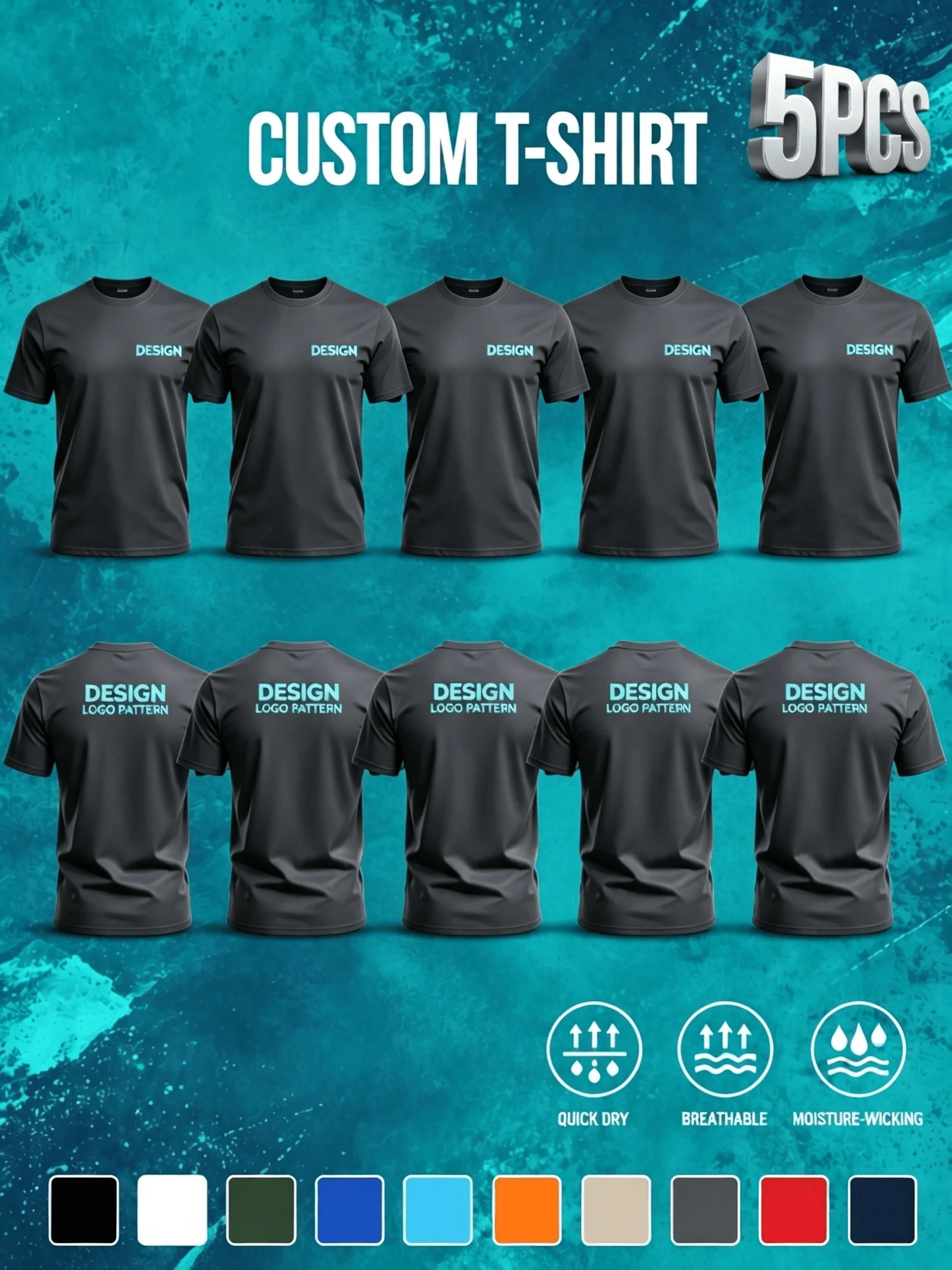 [5pcs Set] Men'S Custom Casual Sports T-Shirts, Customizable with Patterns/Photos/Logos/Emblems, Suitable for Fitness/Running