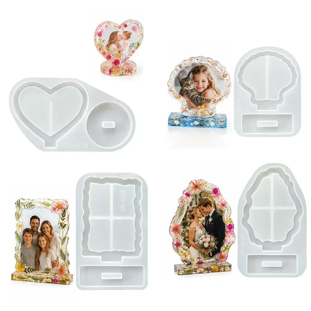 Wedding Invitation Resin Mold Silicone Photo Frame Mold with Base Heart Elliptical Wave Epoxy Casting Mold for Tabletop Decor