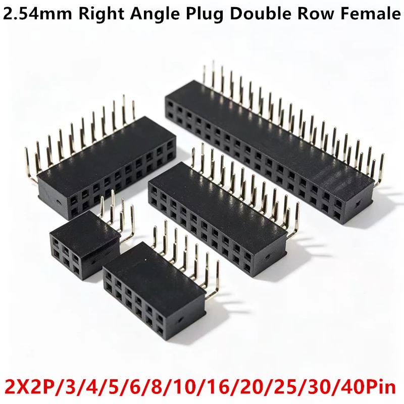 10Pcs 2.54mm Pitch Right Angle Plug Double Row Female 2X2P/3/4/5/6/8/10/16/20/25/30/40Pin Double Row Female PCB Connector Socket