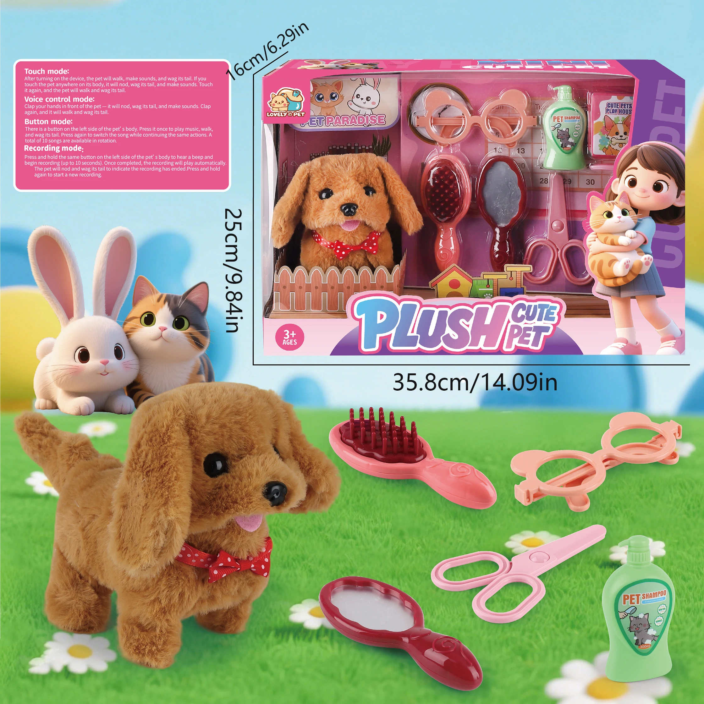 

Интерактивная плюшевая игрушка-собака (1 шт.) с аксессуарами для ухода – электронный питомец, который ходит и лает, лучший подарок для детей.