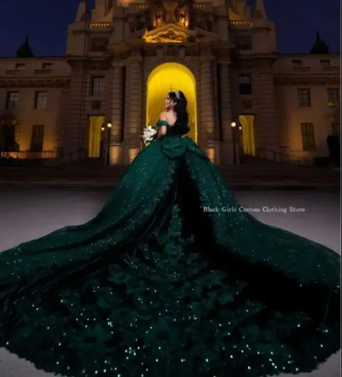 Vestidos de Quinceañera de princesa Esmeralda, exquisitos vestidos de lentejuelas de encaje de un hombro, vestido de graduación mexicano, tren de la catedral de xv