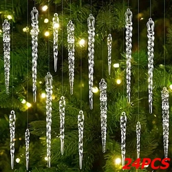 12/24pcs Christmas Simulation Ice Xmas Tree Hanging Ornament Fake Icicle for Winter Party New Year Home Decoration 13x1.5cm