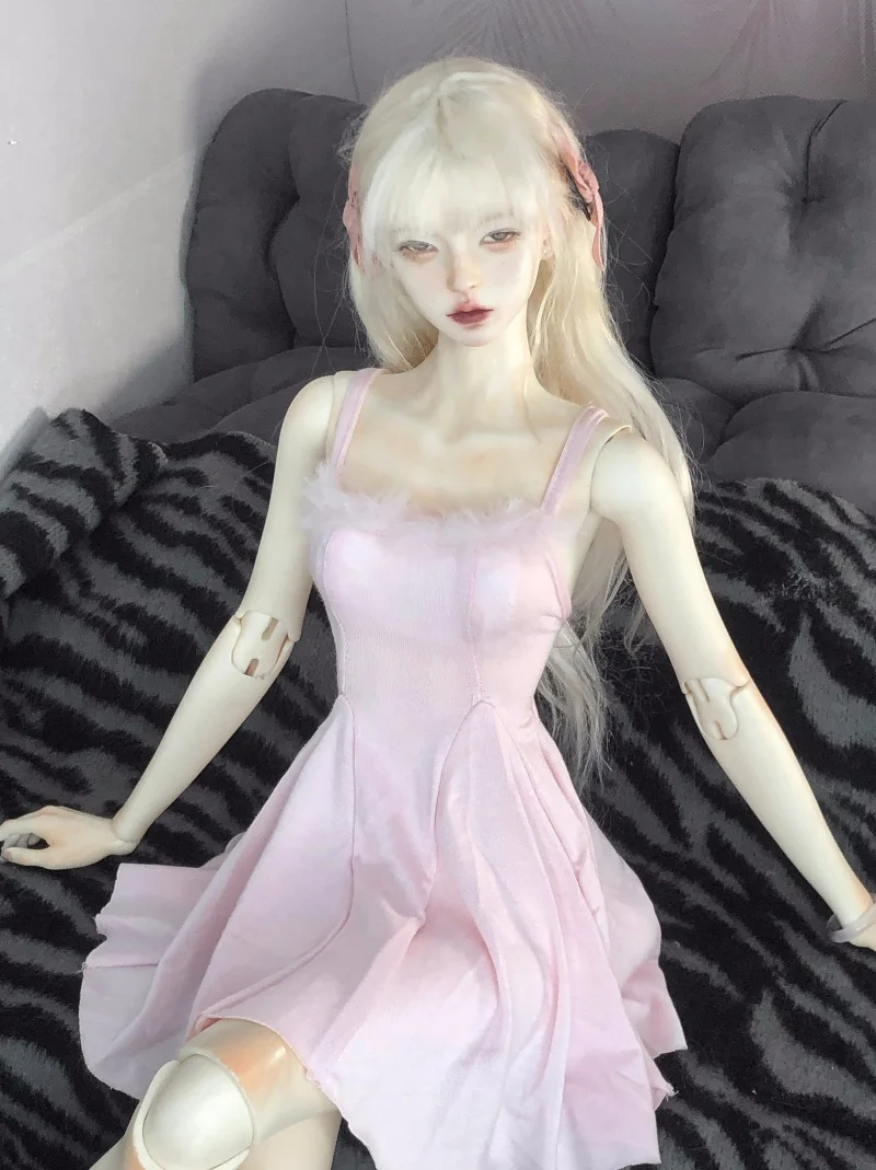 

bjd doll clothes are suitable for 1/3 and 1/4 size pink plush edge large skirt halter dress doll accessories