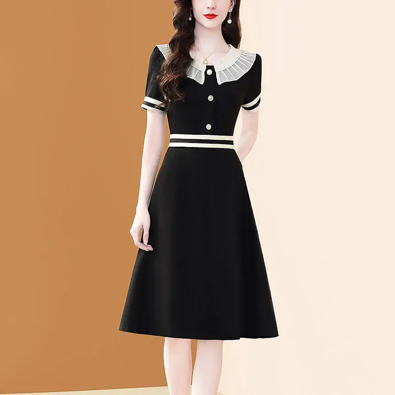 Small Fragrance Style Doll Collar Dress for Women New Temperament Black Short-sleeved Waist Slimming a Line Skirt