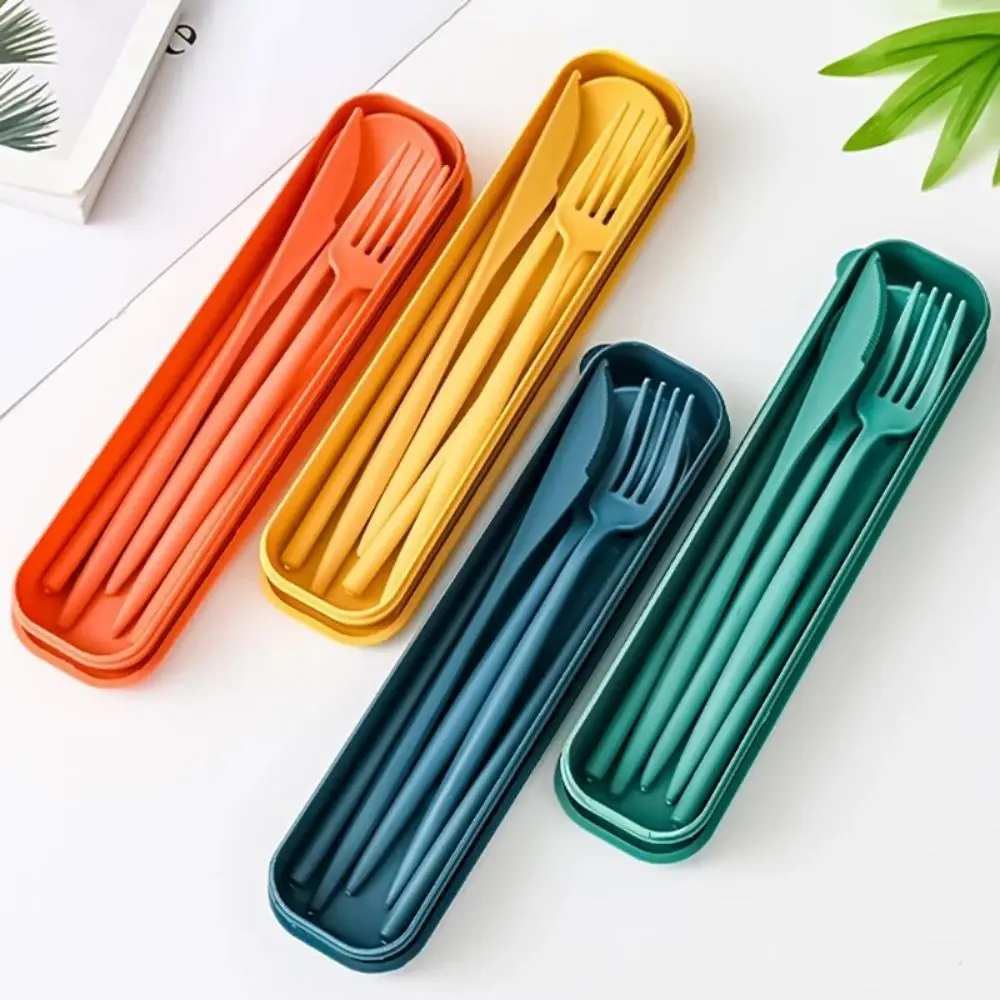 [Hot Sales] 4-Piece Portable Utensils, Healthy Eco-Friendly Wheat Straw Cutlery, Reusable Chopstick Fork Knife Spoon Set