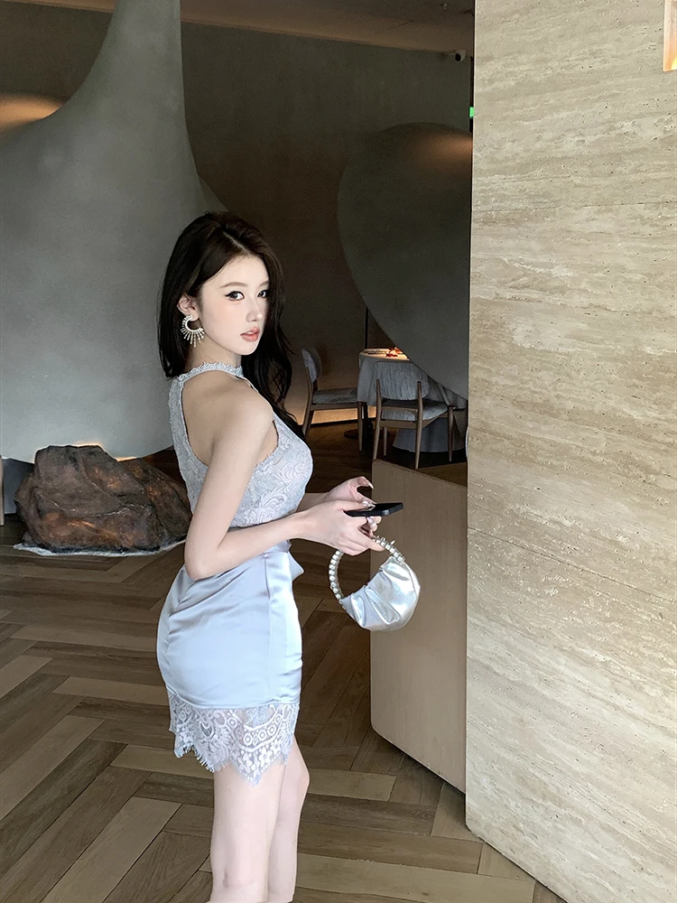 숙녀 디자인 감각 레이스 오프 숄더 드레스 2025 새로운 프랑스어 섹시한 스타일 하이 웨이스트 슬림 불규칙한 목 조끼 드레스
