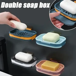 Double-grid Soap Holder Punch-free Drain Rack 4Colors Bathroom Kitchen Soap Dishe Household Self-Adhesive Wall Mounted Soap Dish