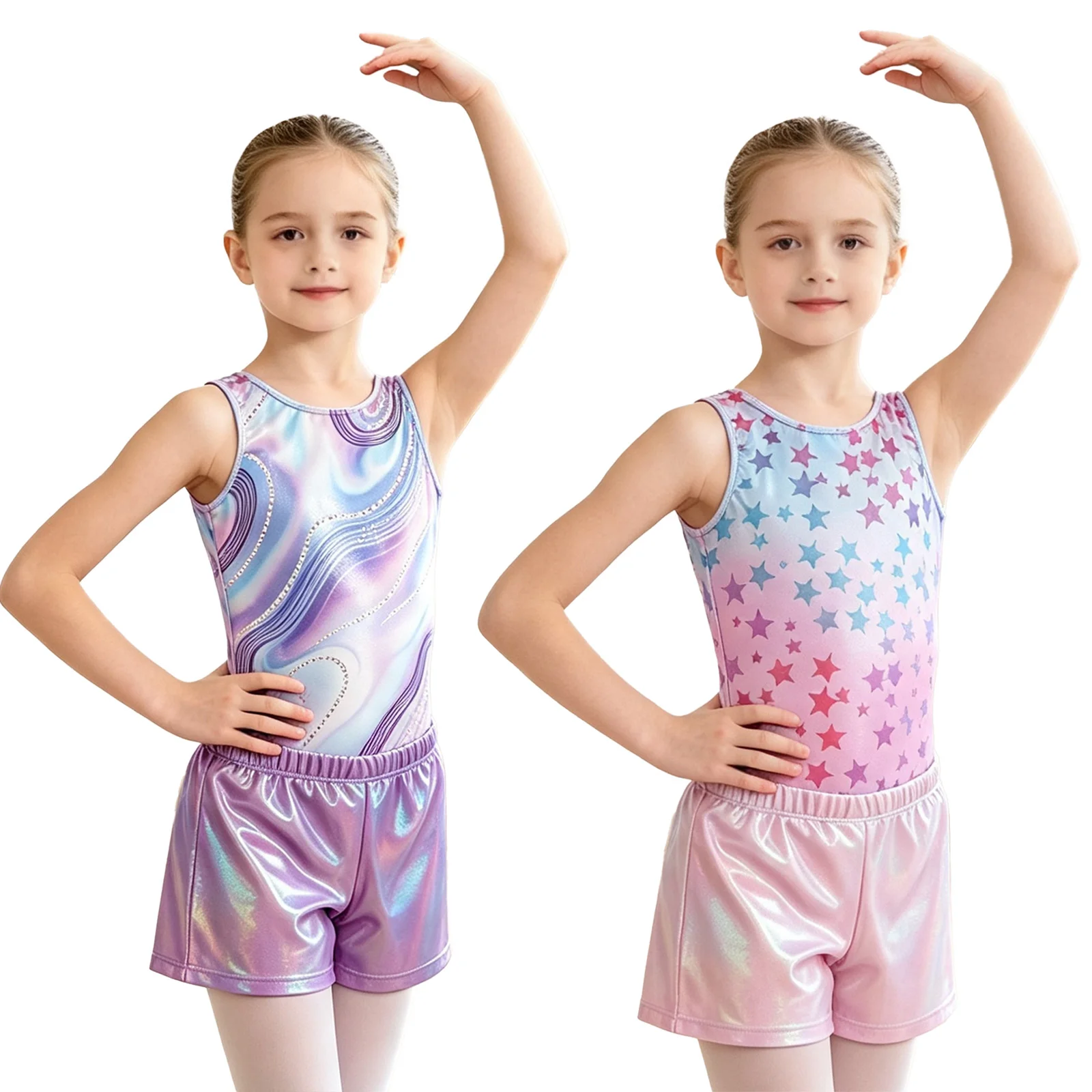 Kids Girls Gymnastics Dance Outfit Sleeveless Metallic Printed Leotard with Elastic Waistband Shorts Gymnastics Leotards Unitard