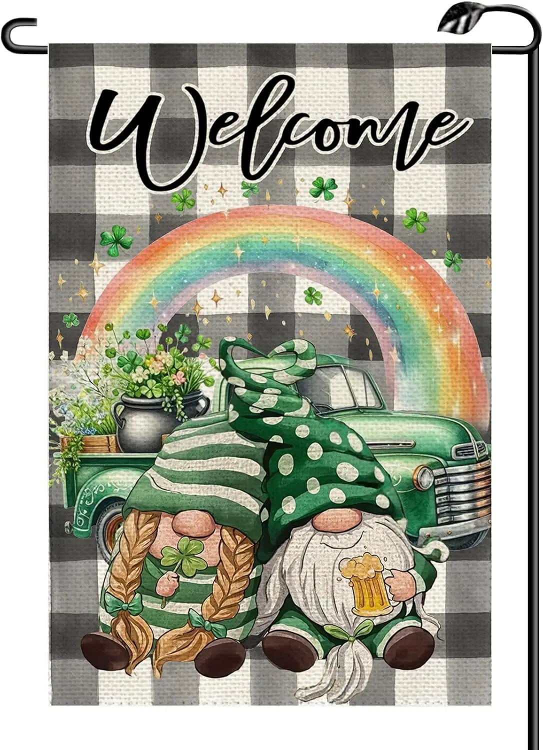 St Patricks Day Gnomes Welcome Garden Flag 12x18 Inch Double Sided Shamrock Truck Buffalo Plaid Small Flags Farmhouse Outsid EEZ