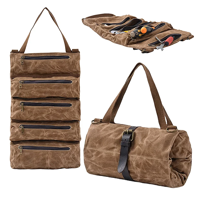 

Сумка-органайзер для инструментов из вощеного холста с 5 карманами на молнии, для мотоциклов, сверхпрочная, складная, портативная, для хранения инструментов