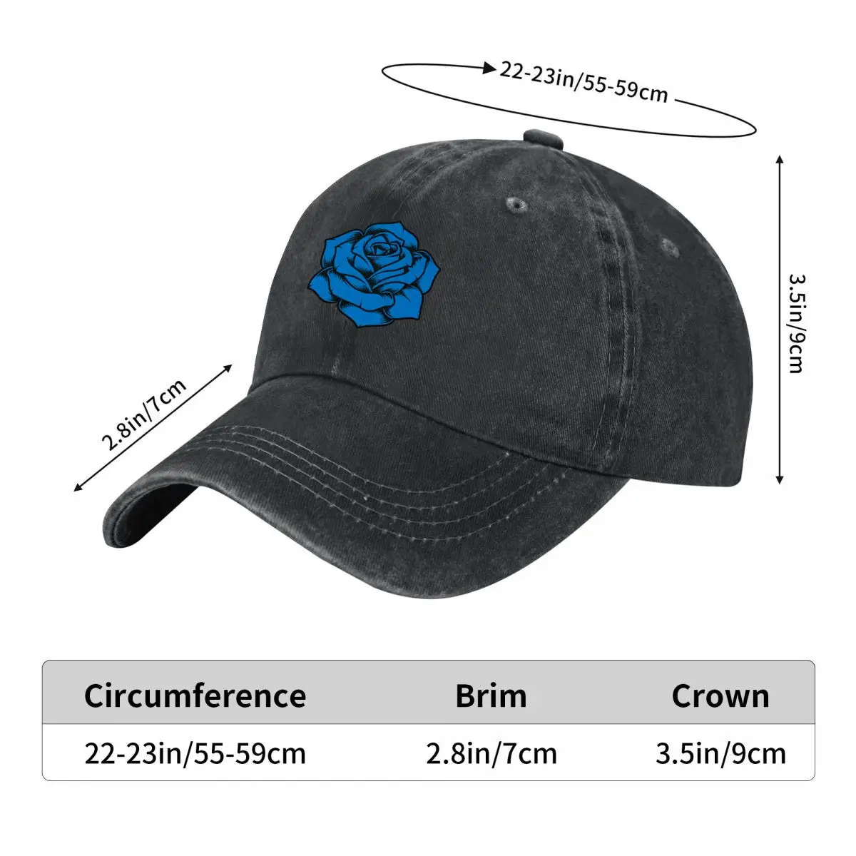 Blue Rose Floral Botanical Flower Design Washed Baseball Cap Outdoor Hat