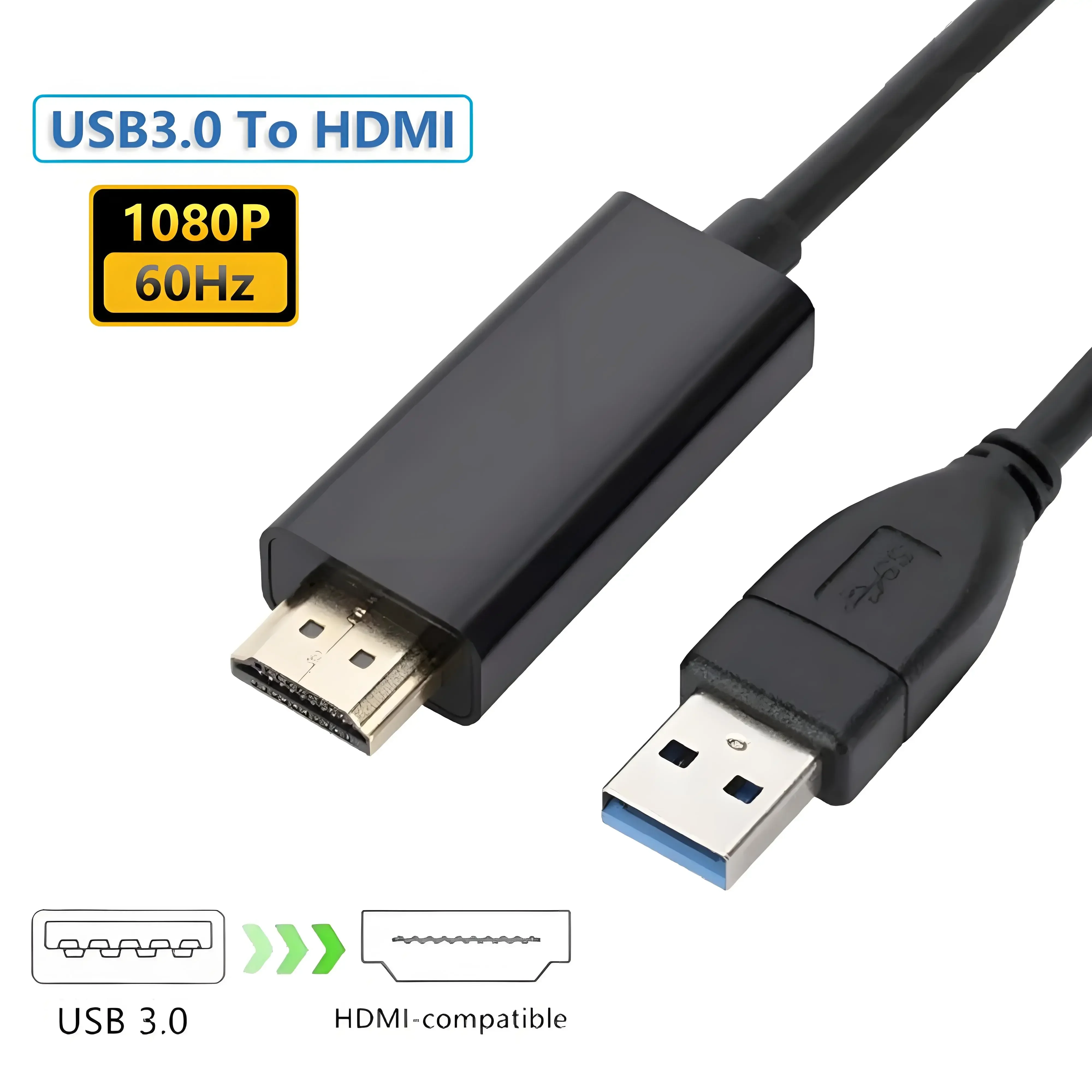 KEBIDUMEI USB to HDMI-compatible Cable USB 3.0 HD TV Converter Adapter 1.8m 1080P Projector Video Monitor Cable for Laptop PC