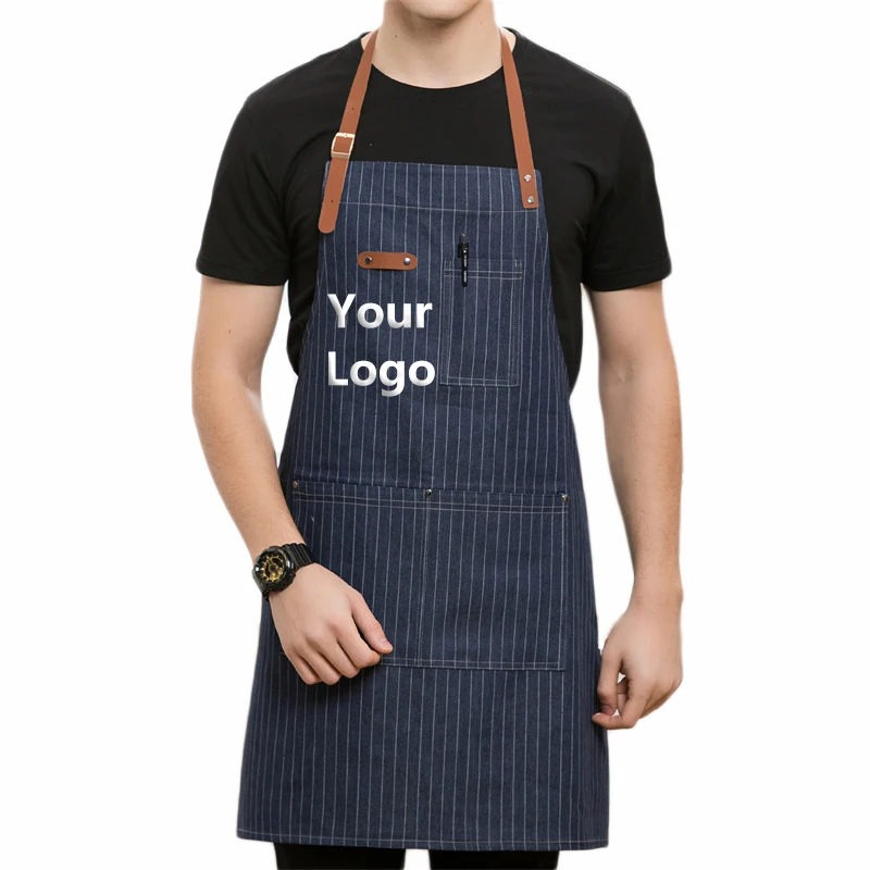 Logo Custom Denim Work Apron With Leather Strap and Pockets,Beauty Studio Barber Shop Cafe Market Bakery Employee Waiter Uniform