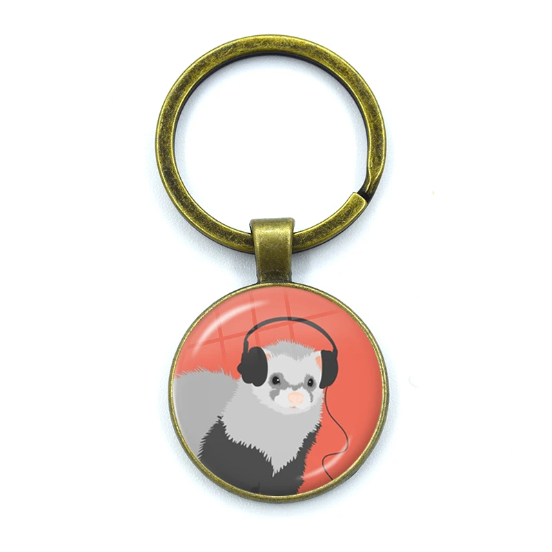 Cute Ferret Keychains Handmade Glass Cabochon Alloys Key Rings Pendants Trinkets Cartoon Design Creative Fashion