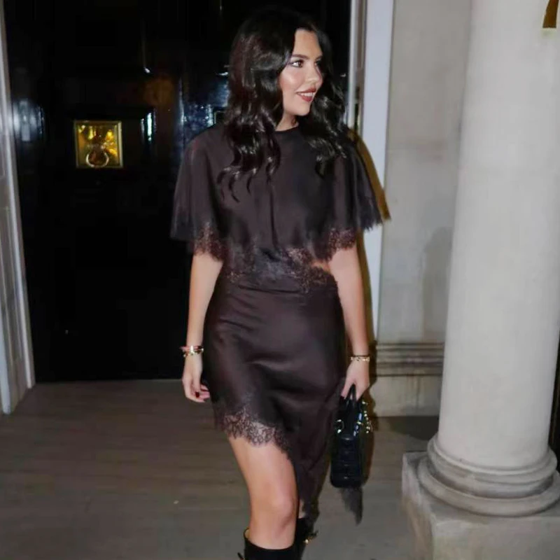 HXAO Satijnen Asymmetrische Jurk Damesjurken Zomer Sexy Kant Mini Uitgesneden Vleermuismouwen Jurk Elegante Cocktail Avond Vestidos