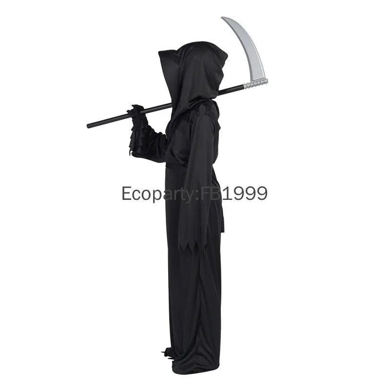 Kids Red Eye Grim Reaper Cosplay Costume Black Devil Dark Ghost Cosplay Hooded Robe Sickle Gloves Props Children Party Costumes