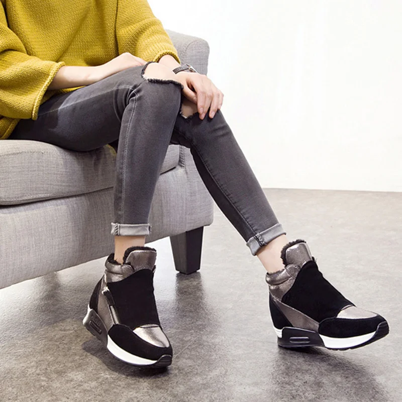 Snow Boots Women Autumn Winter Genuine Leather Warm Shoes Fashion Ladies High Top Sneakers Height Increasing 3cm