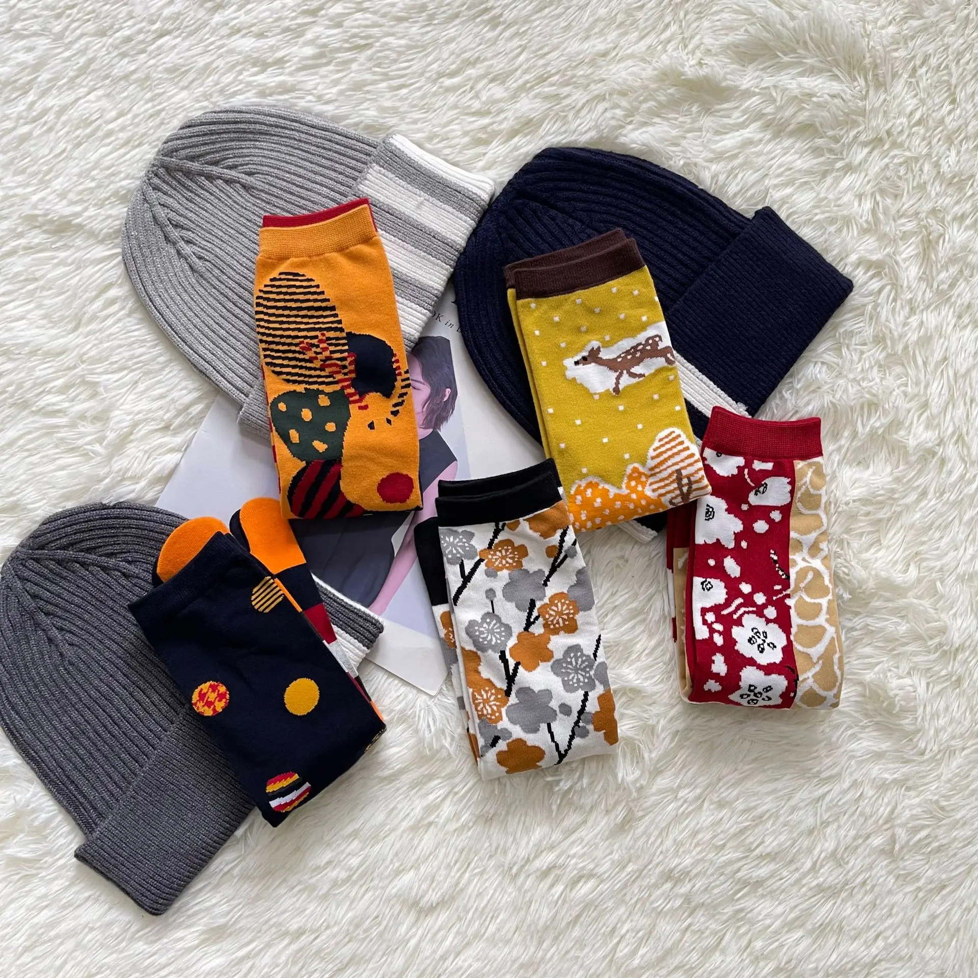 Socks Two Finger Women Men Cotton Art Design Color Printed Long Deodorant Kawaii Harajuku Designer Japanese Clog Split Toe Socks