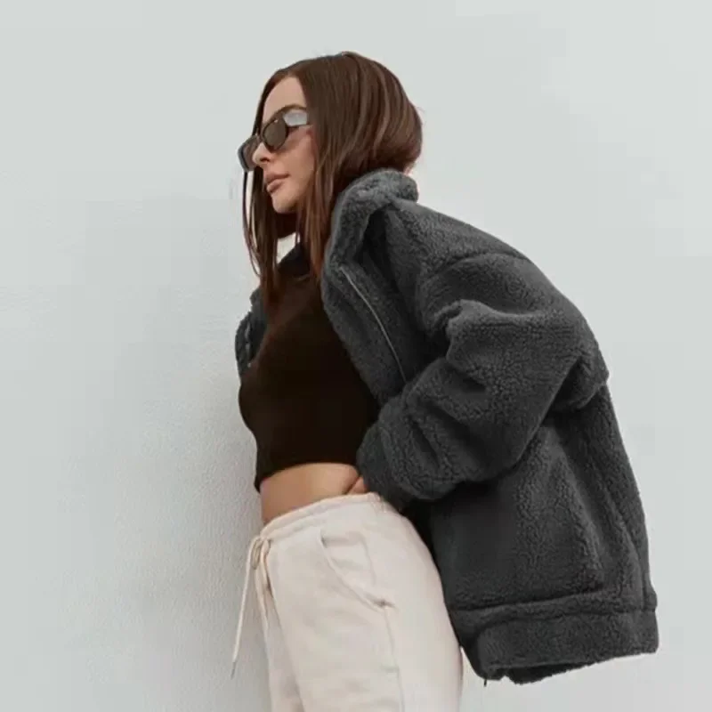 Women's Autumn and Winter Elegant Pocket Coat Leisure Plush Jacket Women's Fleece Cardigan Lapel Loose Solid Color Warm Coat