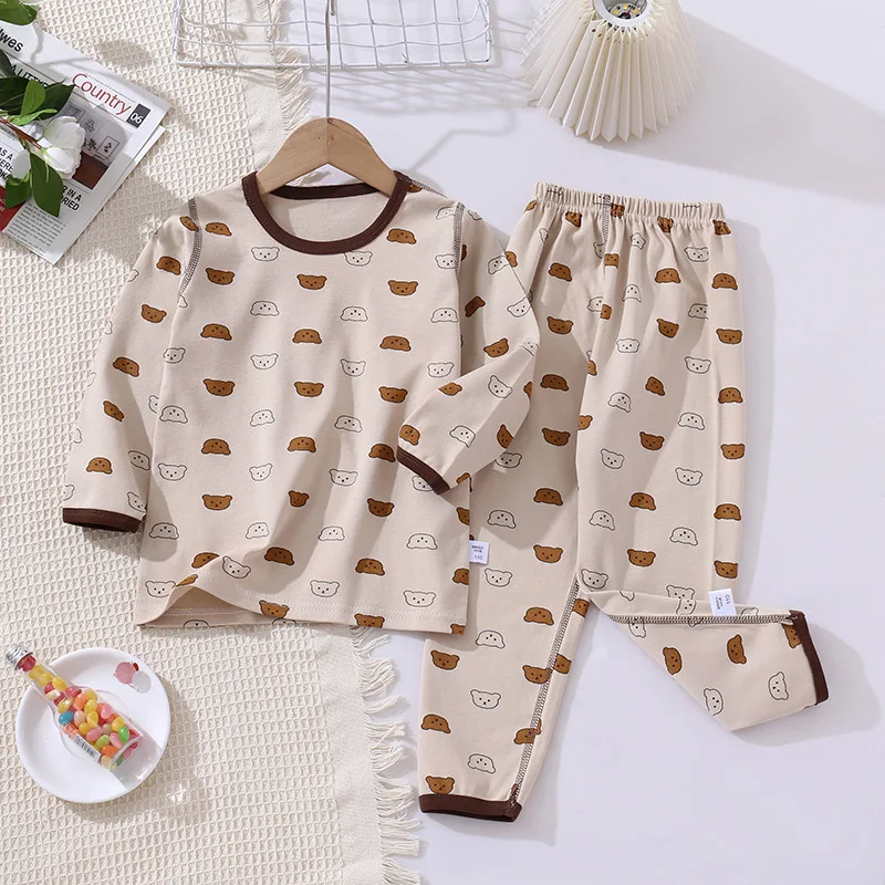 

Boys Girls Autumn Pure Cotton Pajamas Sets Baby Cute Cartoon Bear Long Sleeve T-Shirt Tops + Pants Children's Casual Sleepwear