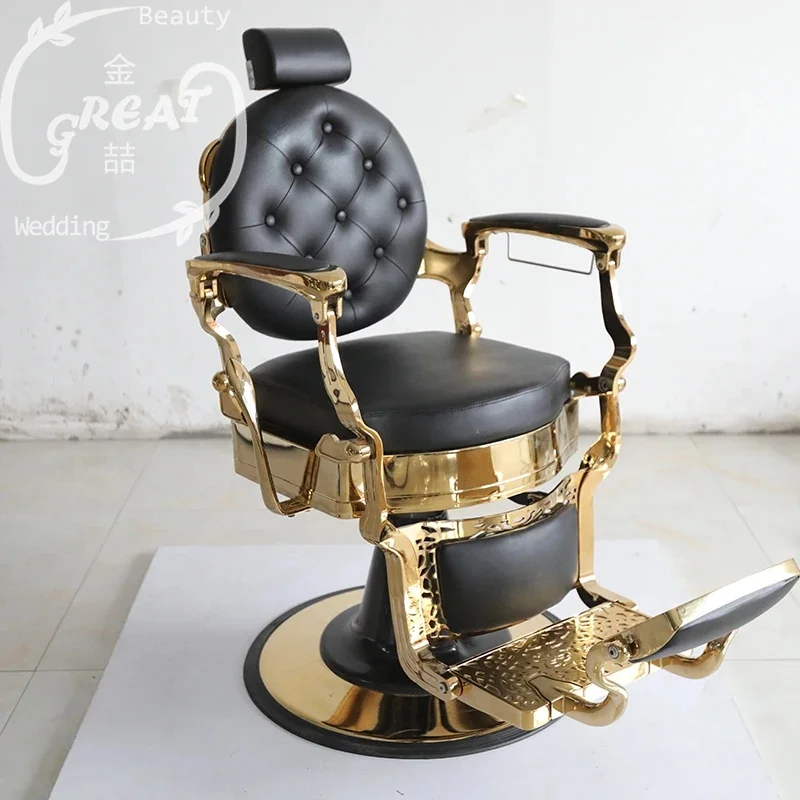 High Quality Vintage Heavy Duty Black Salon Chair Retro Beauty Salon Adjustable Rotating Gold Barber Chair for Men