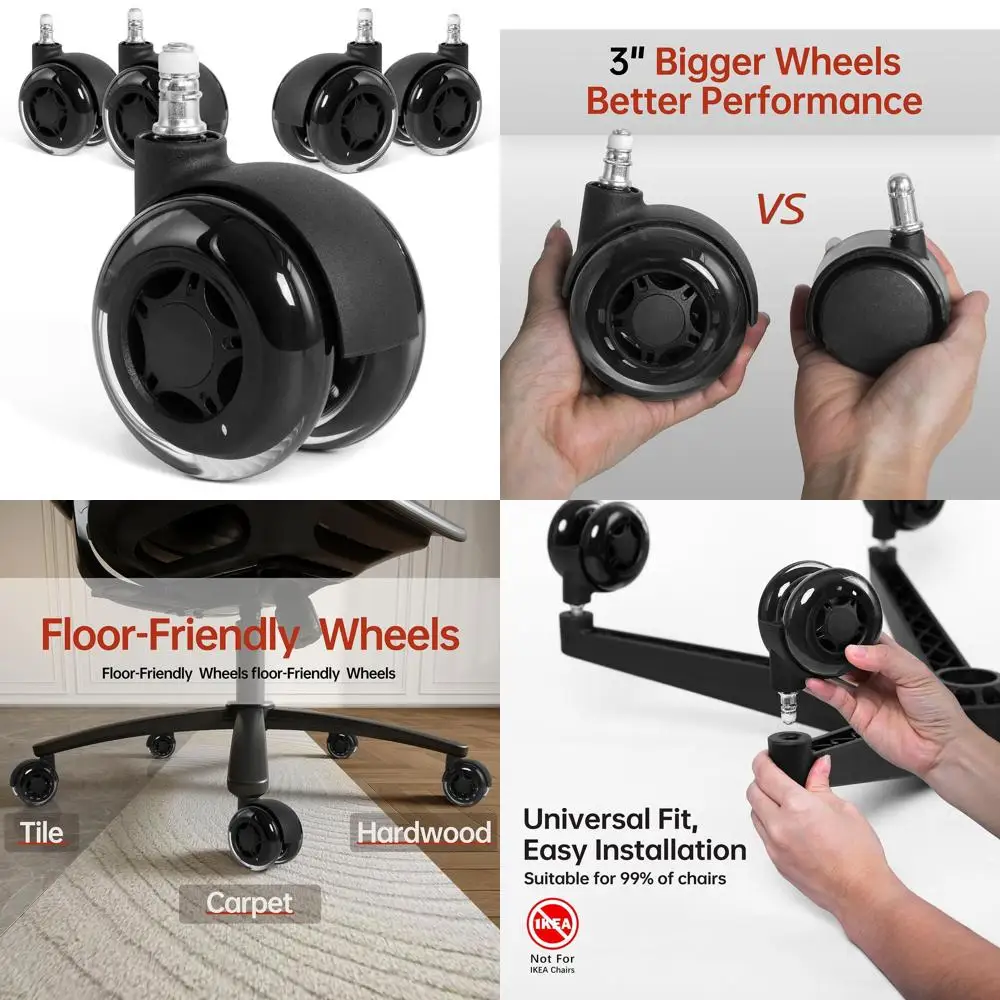 

3-дюймовые двойные колесики для офисных кресел - плавные и бесшумные, подходят для твердых полов, ковров и тяжелых игровых кресел.