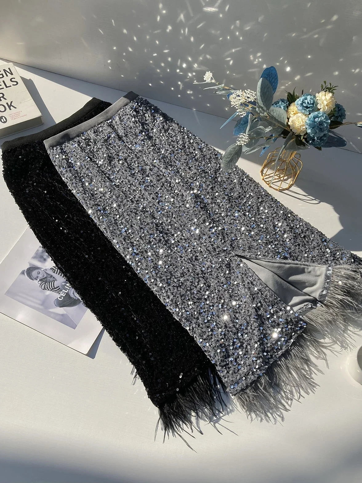 Female Sequined Mid-Length Hip Skirt Women\'s Spring Summer High Waist Slim Fit Tassel Feather Stitching Chic Shining Disco Skirt